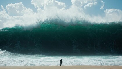 Person faces giant wave