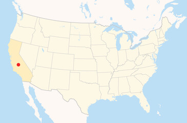 Location Map of the city Visalia in California, USA. The state is marked orange and the city is highlighted with a red dot. No labels at all.