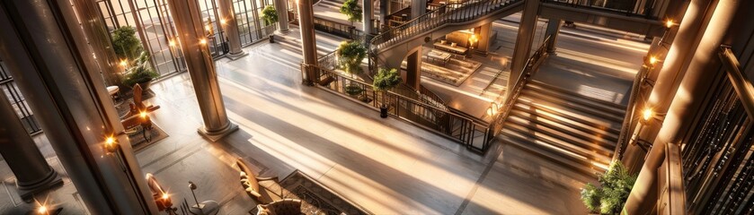A spacious and elegant lobby with tall columns, intricate railings, and warm lighting, creating a welcoming atmosphere.