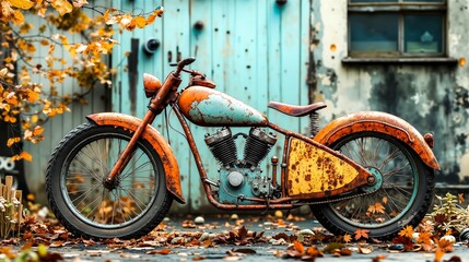An old rusty motorcycle parked in front of a blue door