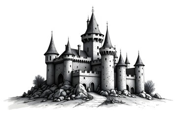 Obraz premium Medieval Castle with Stone Textures and Towers in a Detailed Monochrome Ink Illustration