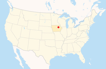 Location Map of the city Waterloo in Iowa, USA. The state is marked orange and the city is highlighted with a red dot. No labels at all.