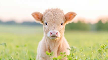 Obraz premium A cute calf standing in a lush green field, looking directly at the camera, soft sunlight in the background, and peaceful rural setting.