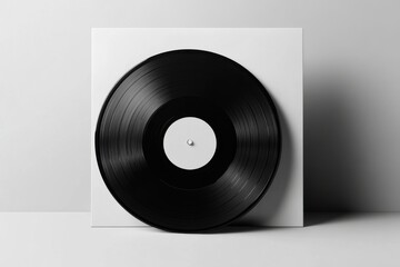 Obraz premium A black vinyl record sits on a white square, casting a subtle shadow
