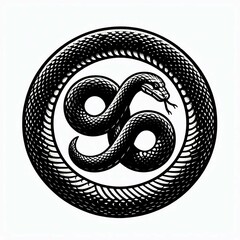 Ouroboros Coiled Serpent Emblem in Black and White