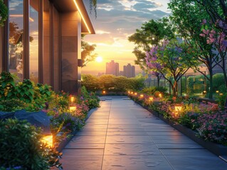 Obraz premium A serene garden pathway lined with colorful flowers and lanterns, leading to a city skyline at sunset, creating a tranquil outdoor experience.