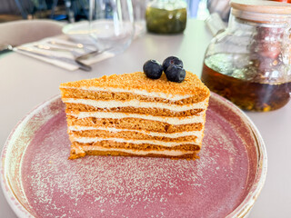 Closeup of layered honey cake with blueberries on ceramic plate. Dessert texture, taste sweet and...