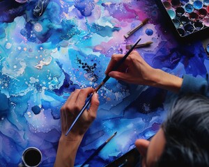 A person paints a vibrant, abstract watercolor artwork using blue and purple hues, surrounded by brushes and a palette.