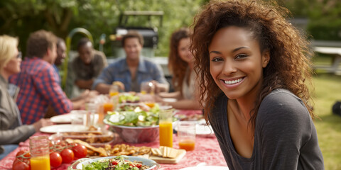 Naklejka premium Cheerful woman enjoying an outdoor meal with friends and family, basking in the warmth of community and shared moments.
