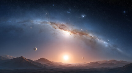 Cosmic landscape featuring distant galaxy and rising sun  