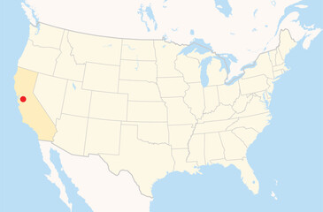 Location Map of the city Tracy in California, USA. The state is marked orange and the city is highlighted with a red dot. No labels at all.