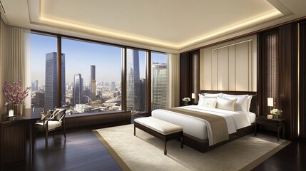 Luxurious hotel room with city view, king bed, and modern decor