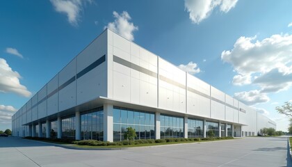 Fototapeta premium Modern distribution center warehouse building under blue sky with clouds. Industrial facility, logistics property, commercial real estate, facade, enterprise. Logistics concept. Freight transport,