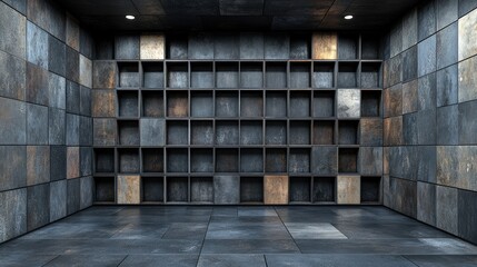 Modern industrial shelving unit in a tiled room