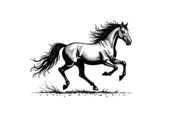 Obraz premium Galloping Horse in Motion Ink Illustration in Classic Woodcut Style