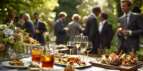 Fototapeta premium Outdoor gathering with refreshments and people, glasses with wine, hors d'oeuvres, snacks, flowers and good ambience.