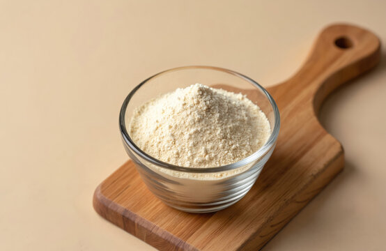 Guar gum powder in glass bowl on wooden board. White powder additive derived from guar beans, used as a food additive E412, binder and excessive water absorber. Plant based ingredient.