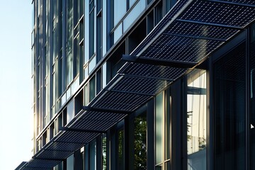 A row of new solar panels installed on a corporate office building, surrounded by modern urban architecture