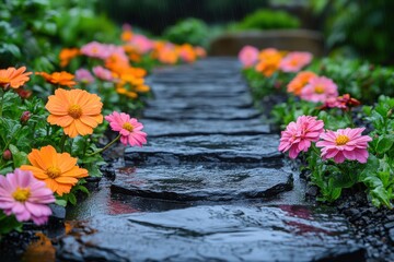 Wet Stone Path with Colorful Flowers in a Rainy Garden