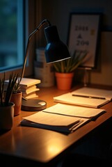 Desk Lamp Illuminating Workspace at Night.