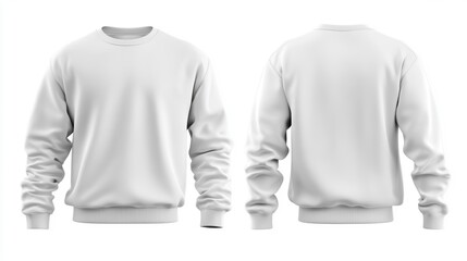 White crewneck sweatshirt mockup, front and back views, isolated on white background.