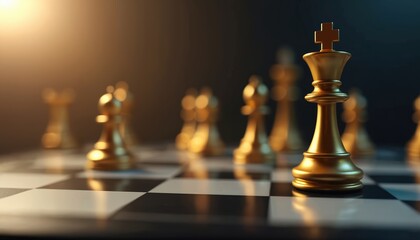 Close-up of golden chess king on chessboard, strategy, competition. Gold king piece illustrates game of intellect, strategic thinking, leadership, power. Chessboard background, classic game,