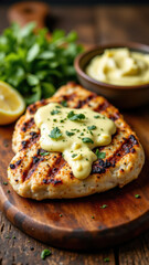 Grilled chicken breast with creamy sauce on wooden board, garnished with fresh parsley and lemon wedge.