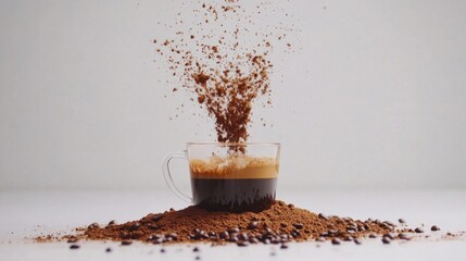 Pouring coffee into a cup in slow motion, ground beans in foreground, white background generative ai