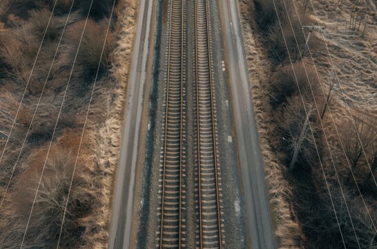 Aerial view of parallel railway tracks surrounded by barren trees and power lines, showcasing an industrial landscape.