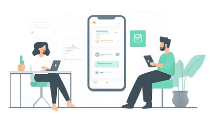 Tech-Savvy Collaboration: Two individuals work side-by-side, immersed in their digital devices, navigating the mobile interface to achieve a goal