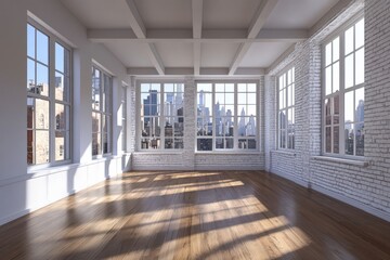 Obraz premium Empty bright New York loft with floor-to-ceiling windows, white brick walls, parquet flooring, and cityscape view. Photorealistic high-resolution interior.