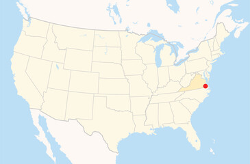 Location Map of the city Suffolk in Virginia, USA. The state is marked orange and the city is highlighted with a red dot. No labels at all.