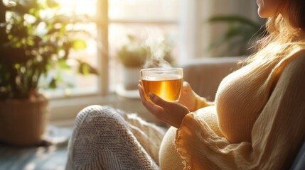 Pregnant woman in loungewear drinking herbal tea, peaceful moment in a sunlit living room generative ai