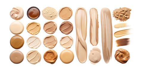 Collection of makeup, foundation, concealer, and makeup samples isolated on transparent background
