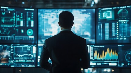 Guardian of the Digital Realm: A focused figure, a sentinel of data, stands before a constellation of monitors, the room aglow with technological prowess.