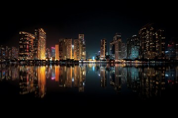 Fototapeta premium Reflective night cityscape with illuminated towers art 