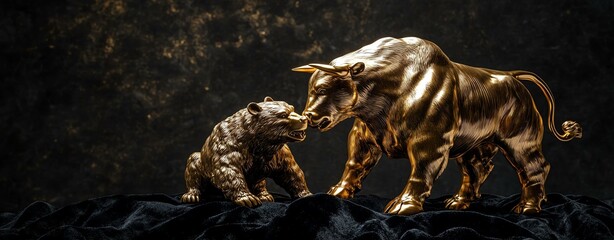 Fototapeta premium Golden bear and bull sculpture on dark background.