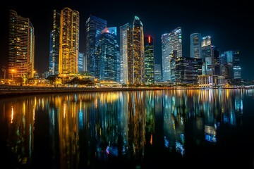 Fototapeta premium Stunning reflective cityscape with night skyscrapers art piece 