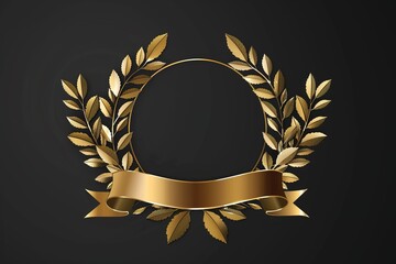 Golden laurel wreath circle and banner against a dark background Award or victory