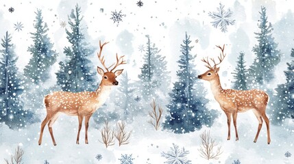 Two deer in snowy winter forest landscape with watercolor style.