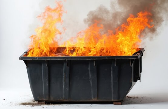 Burning dumpster on white backdrop. Flames, smoke rising. Fire hazard, danger. Accident, risk, emergency, waste management, environmental pollution. Black container, studio shot. Focus on combustion,