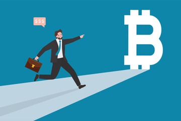 Ambitious businessman sees illuminated bitcoin door. Confident man running and found cryptocurrency asset. Learning blockchain, ladder to success.