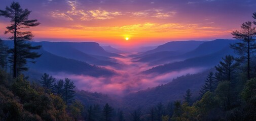 Stunning Sunrise Over Misty Mountain Valley with Vibrant Colors