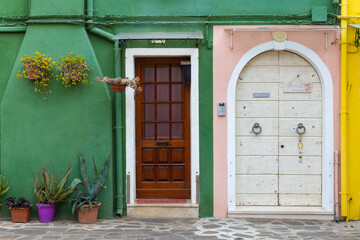 Colorful doors and plants in Burano Italy