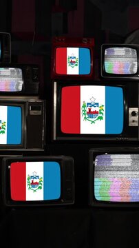 Stacked Retro TVs Displaying Flag of State of Alagoas, Brazil on Screens - Vertical 4K