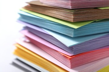 A vibrant stack of colorful paper. Perfect for crafting, stationery, or adding a pop of color to your workspace.