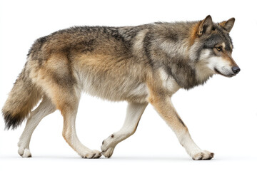 A majestic wolf walking confidently across a white background, showcasing its natural grace and strength