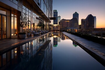 Fototapeta premium City skyline in reflective pool from modern highrise backdrop 