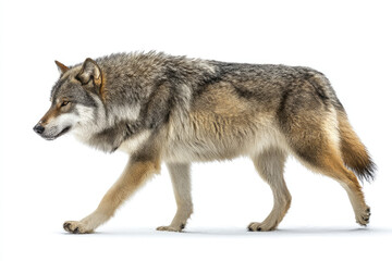 Fototapeta premium A majestic wolf walking gracefully across a white background, showcasing its natural elegance and strength