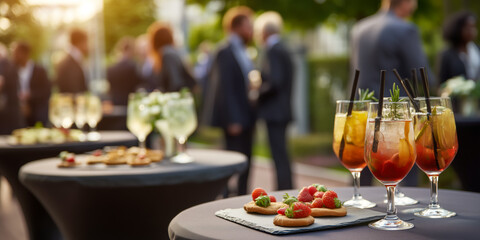 Outdoor reception with appetizers and drinks. Guests gather in the background at an event. © ABF_MATEO